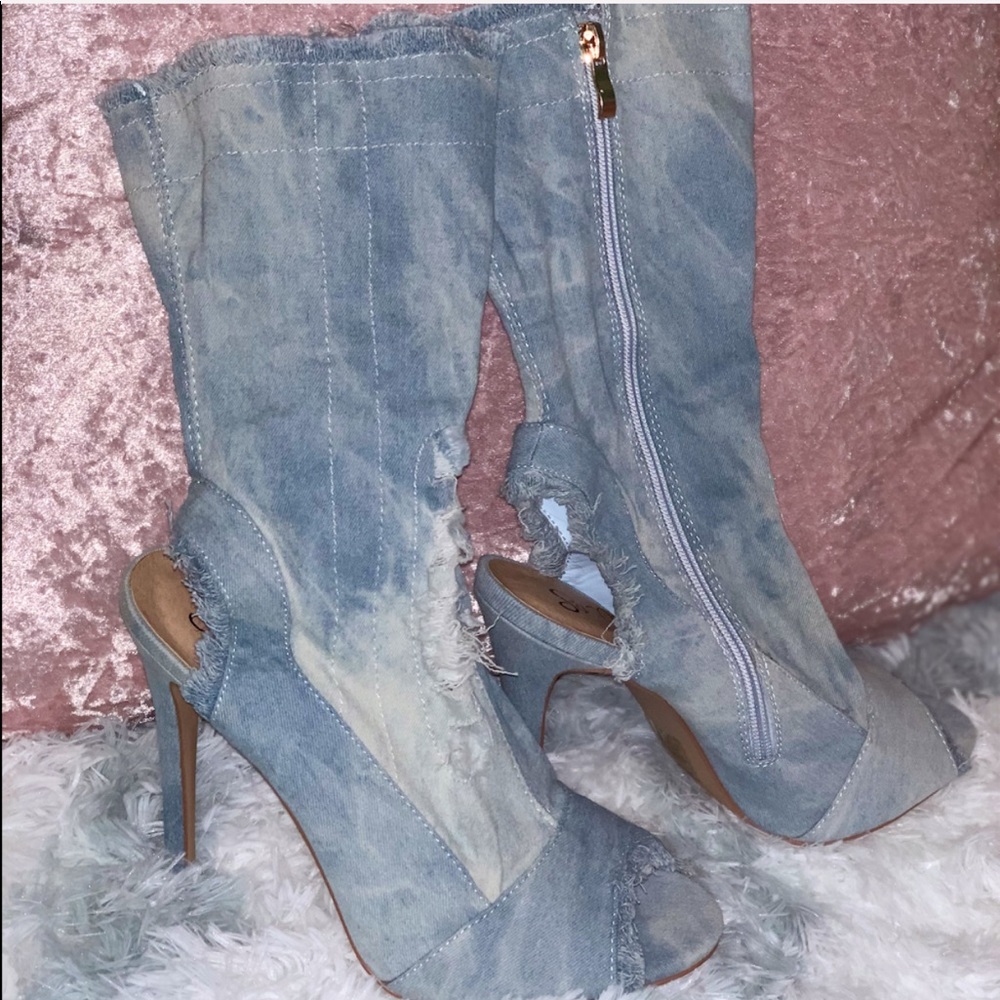 Distressed Denim•Peep-Toe•Heeled Bootie - Picture 2 of 8